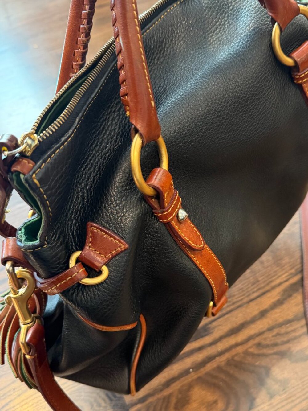 Dooney & Bourke Vintage Pebble Leather Satchel Bag | Black/Tan - Picture 4 of 16
